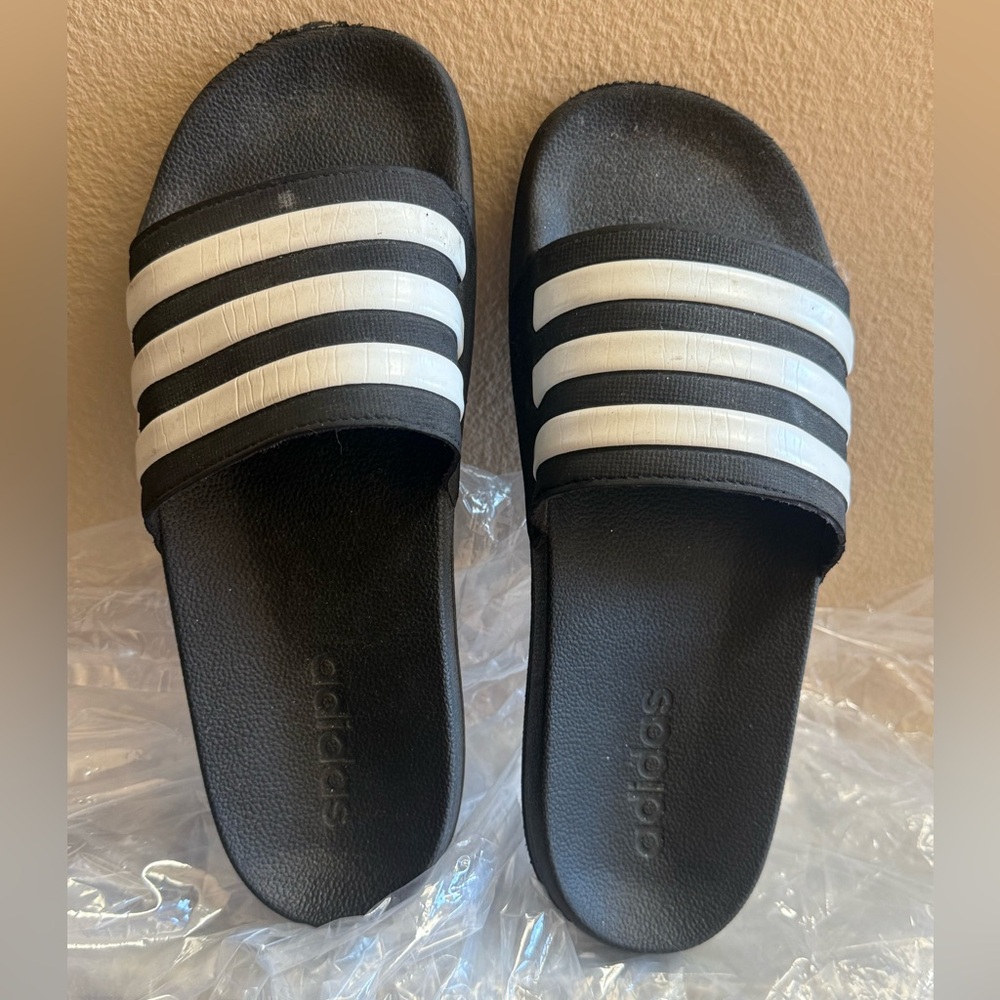 Adidas Black and White Striped Sandals/Youth